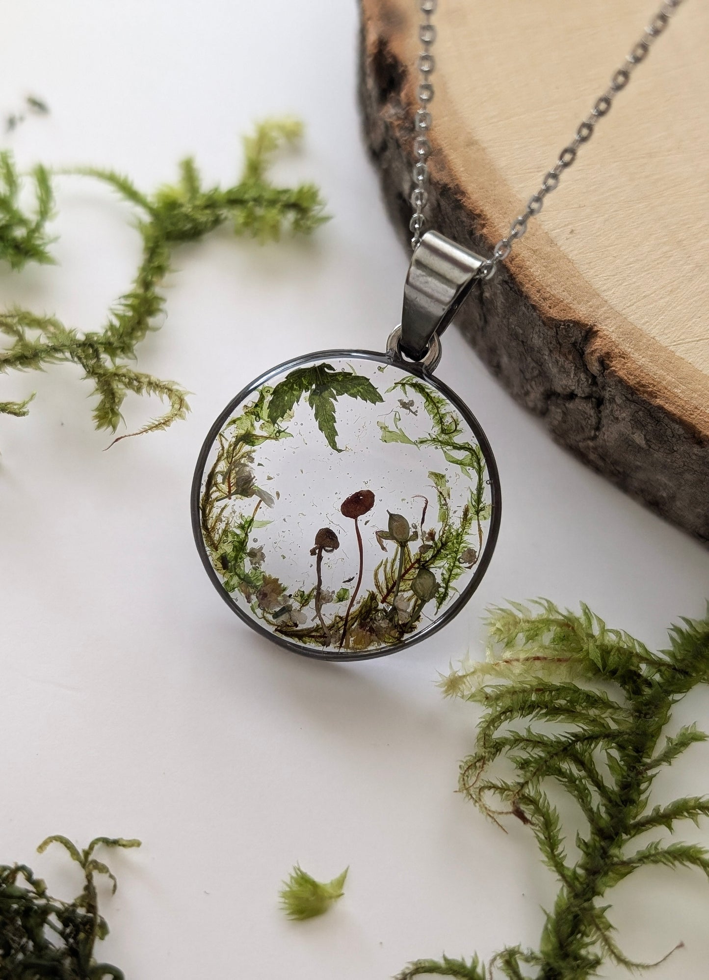 'Evergreen Dream'  Real Mushroom & Moss Stainless Steel Necklace