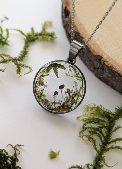 'Evergreen Dream'  Real Mushroom & Moss Stainless Steel Necklace