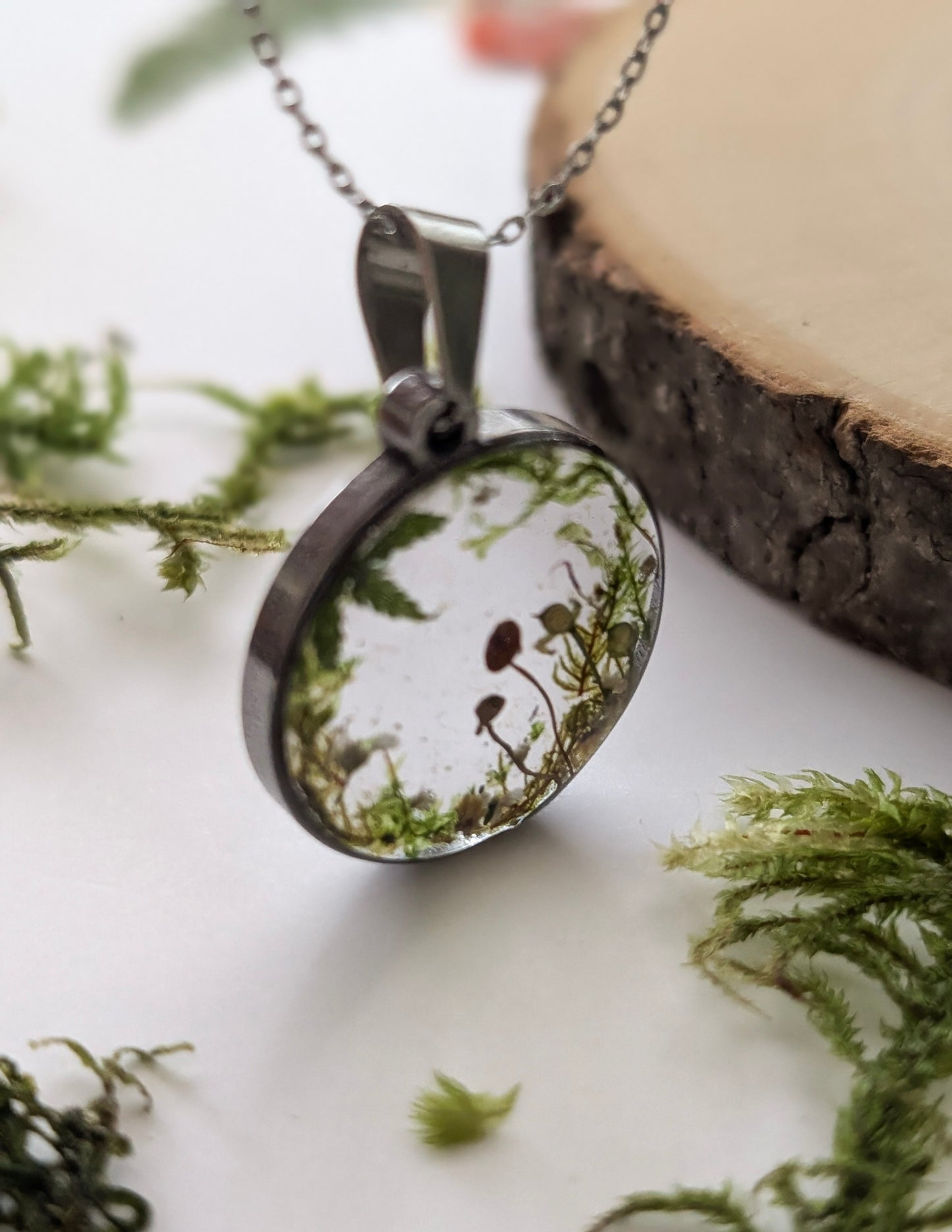 'Evergreen Dream'  Real Mushroom & Moss Stainless Steel Necklace