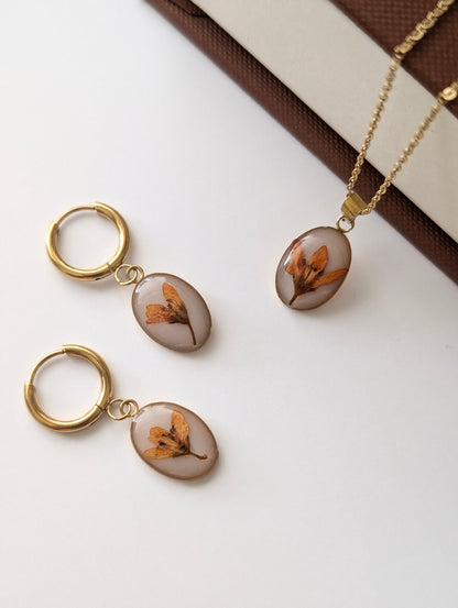 Orange Chloris Virgata Pressed Flora Jewellery Set | Gold Plated Stainless Steel