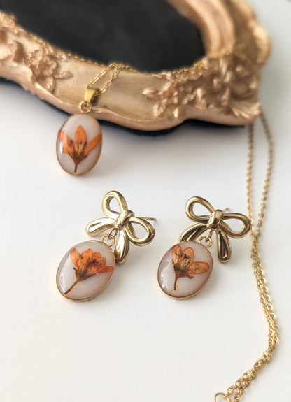 Orange Chloris Virgata Pressed Flora  | Gold Plated Stainless Steel Bow Stud Earrings