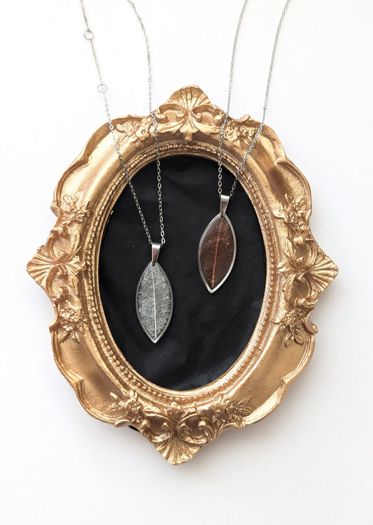 Skeleton Leaf Marquise Necklace in White or Coffee | Stainless Steel Necklace