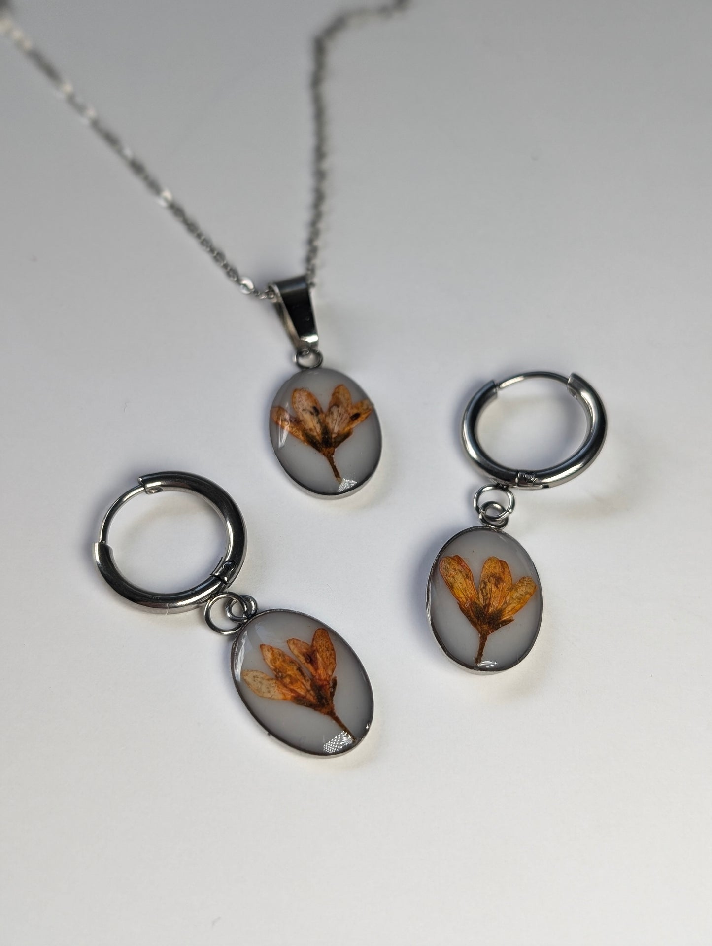 Orange Chloris Virgata Pressed Flora Jewellery Set | Stainless Steel