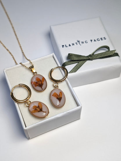 Orange Chloris Virgata Pressed Flora Jewellery Set | Gold Plated Stainless Steel