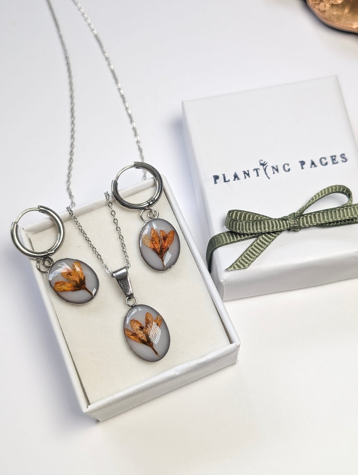 Orange Chloris Virgata Pressed Flora Jewellery Set | Stainless Steel