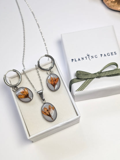 Orange Chloris Virgata Pressed Flora Jewellery Set | Stainless Steel