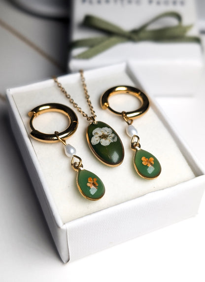 Vintage Garden Hoop Earrings | Green & White Floral Necklace Jewellery Set | Stainless Steel
