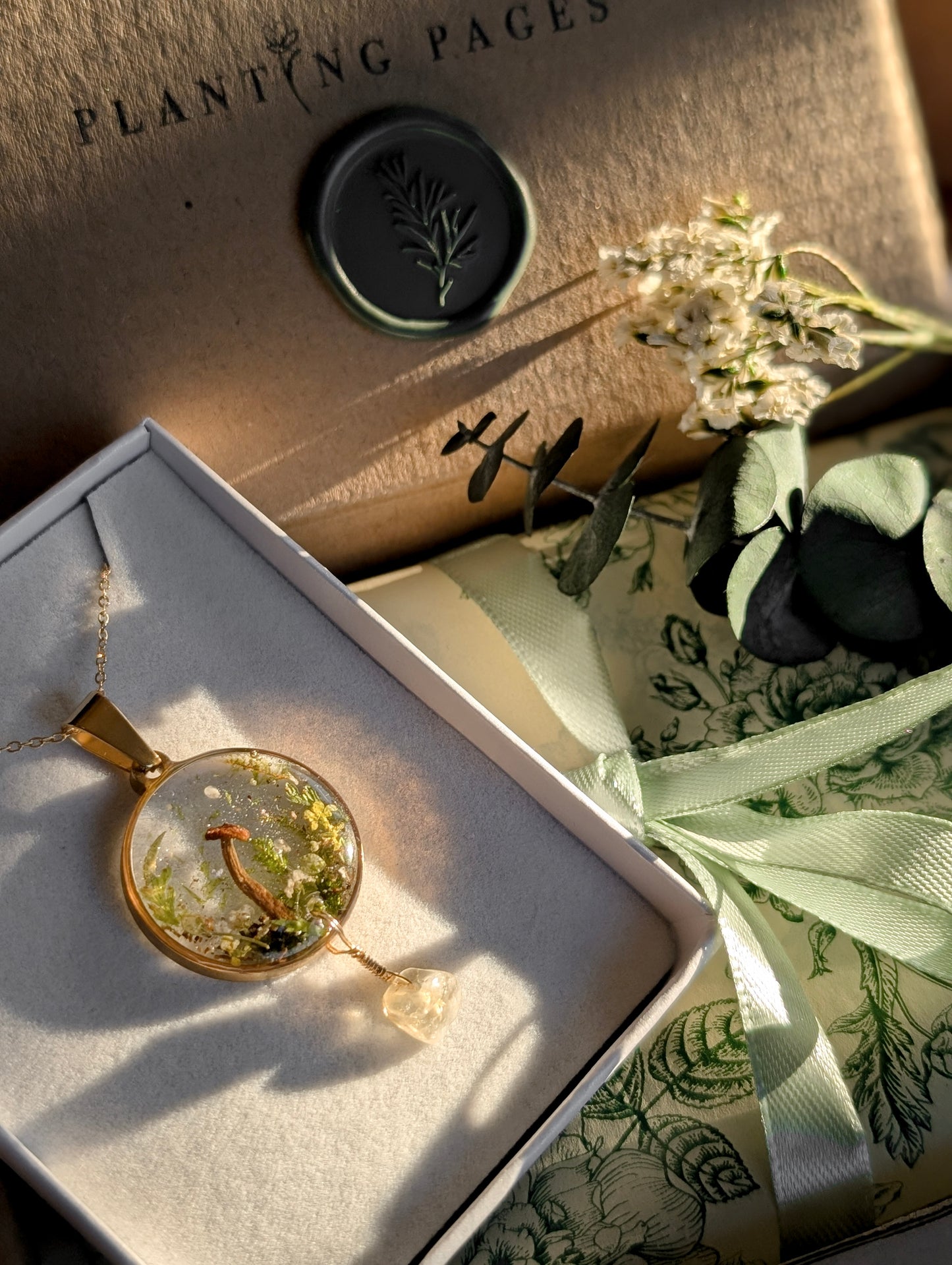 'Golden Solstice Ember' Real Mushroom & Botanical Necklace