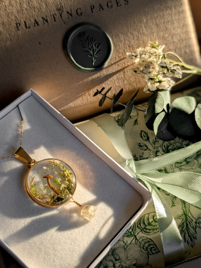 'Golden Solstice Ember' Real Mushroom & Botanical Necklace