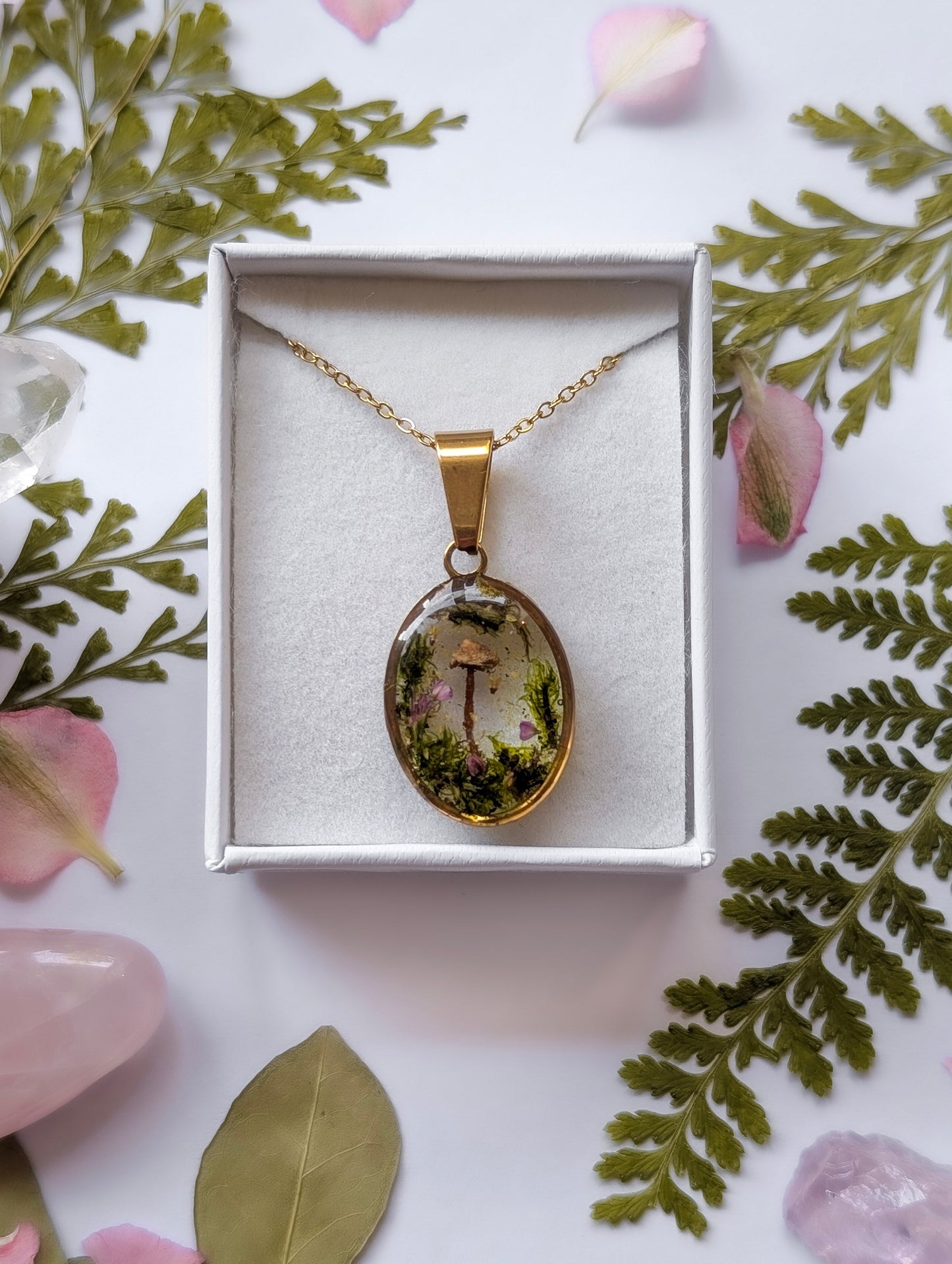 'Blush of the Woodland' - Real Mushroom Botanical Necklace
