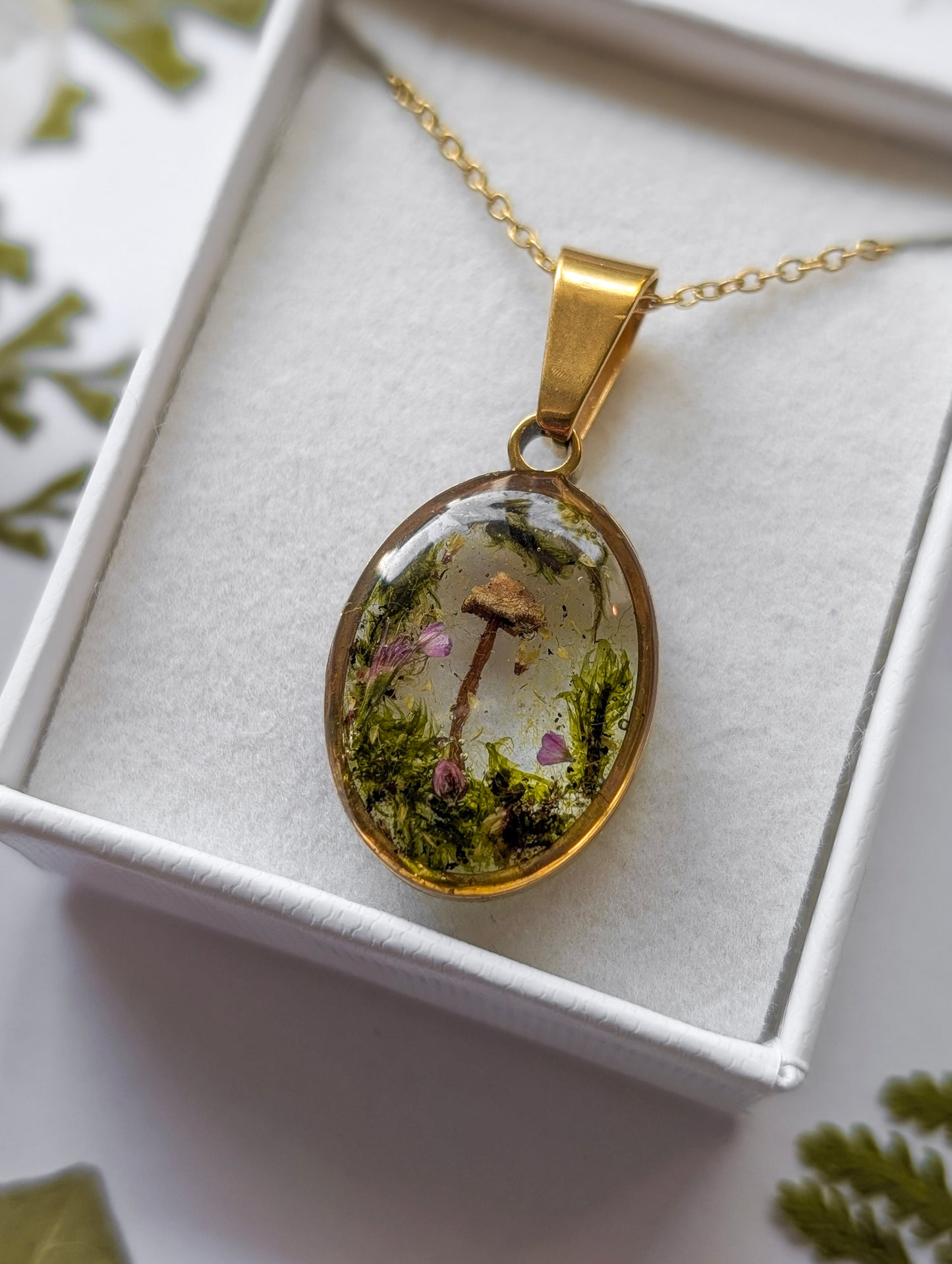 'Blush of the Woodland' - Real Mushroom Botanical Necklace