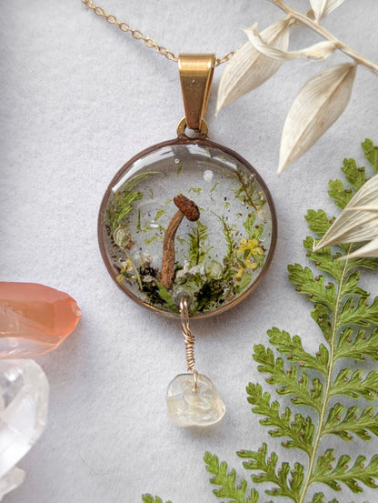 'Golden Solstice Ember' Real Mushroom & Botanical Necklace