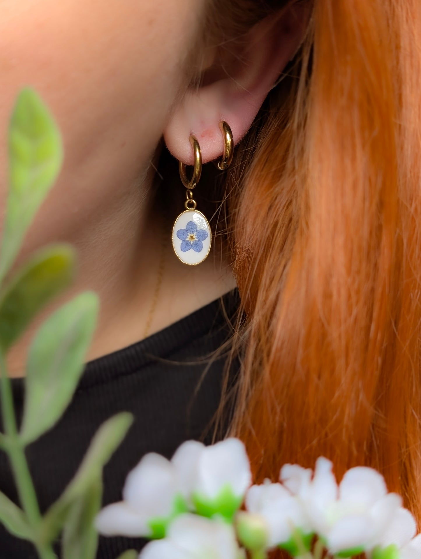 Oval Forget Me Not | Gold Plated Stainless Steel Hoop Earrings