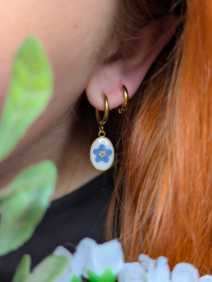Oval Forget Me Not | Gold Plated Stainless Steel Hoop Earrings