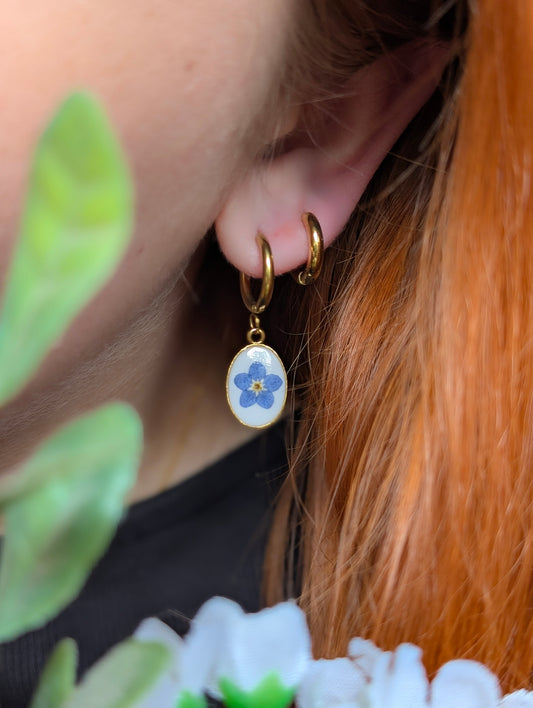 Oval Forget Me Not | Gold Plated Stainless Steel Hoop Earrings