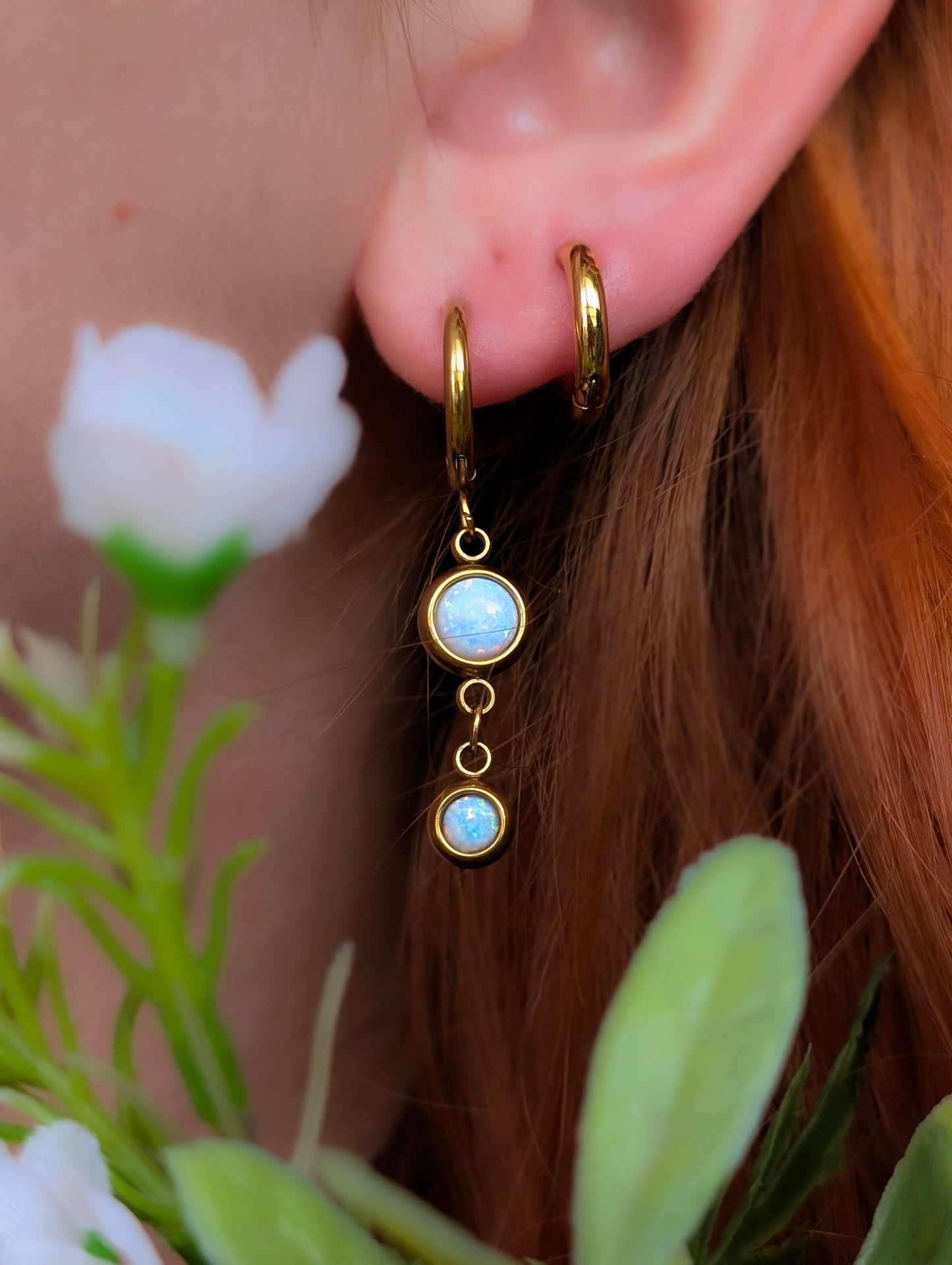 Opal Dangles | Gold Plated Stainless Steel Hoop Earrings