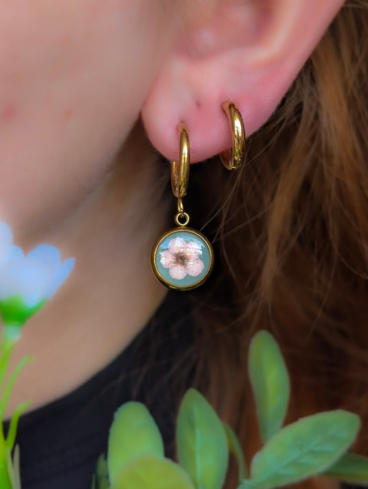 Pink & Green  Wildflowers | Gold Plated Stainless Steel Hoop Earrings