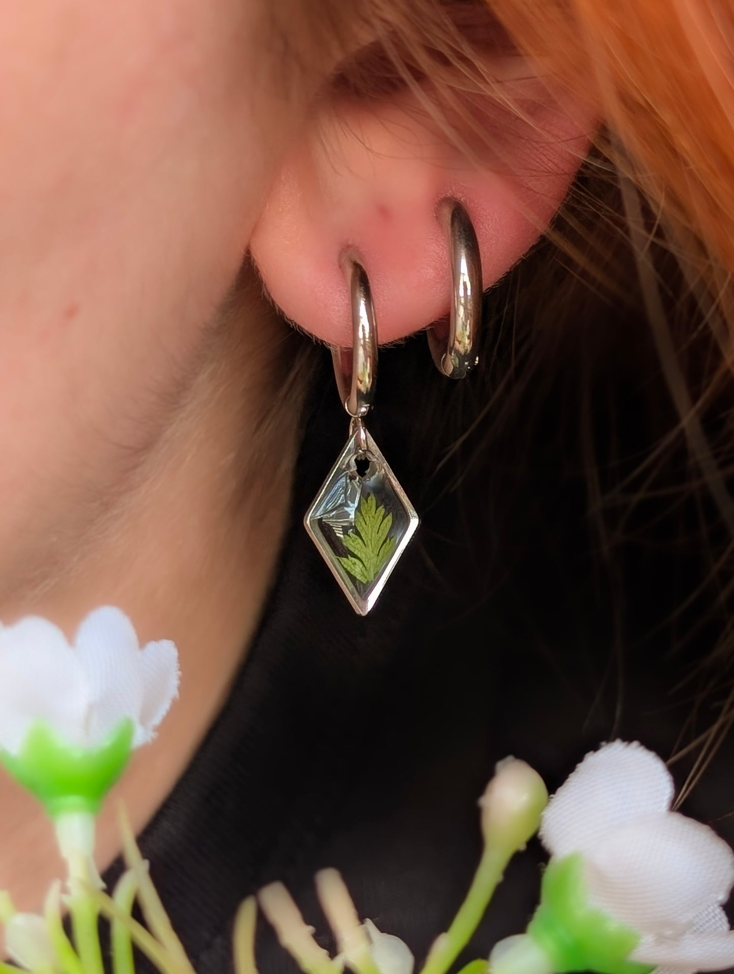Silver Diamond Fern Hoop Earrings