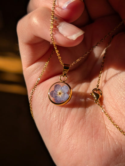 Delicate Real Forget-Me-Not Gold & Silver Necklace