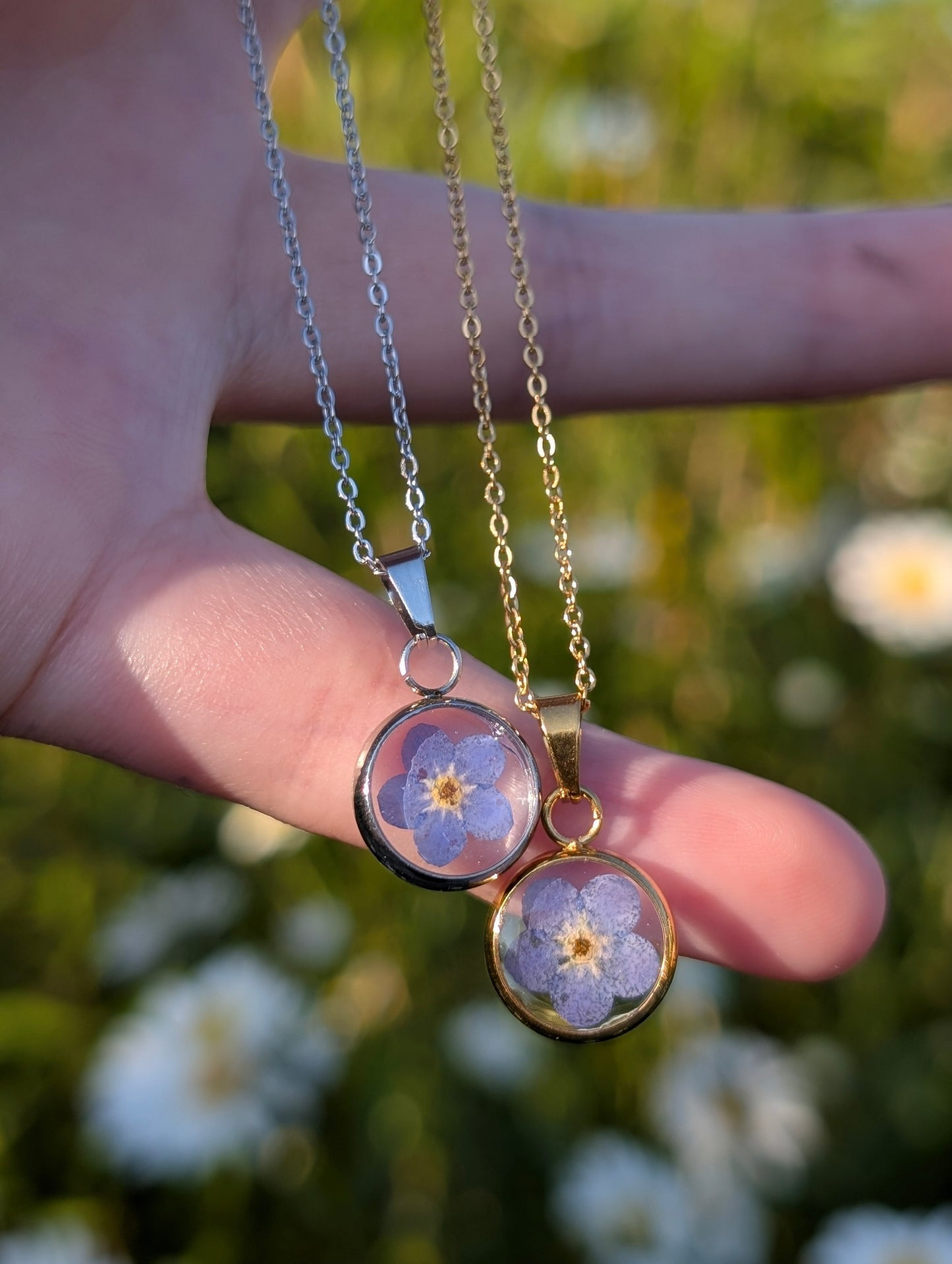 Delicate Real Forget-Me-Not Gold & Silver Necklace
