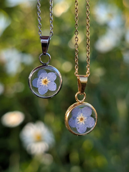 Delicate Real Forget-Me-Not Gold & Silver Necklace