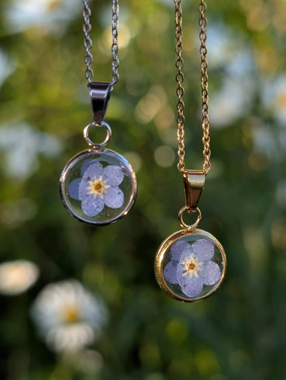 Delicate Real Forget-Me-Not Gold & Silver Necklace