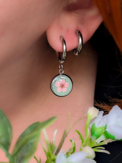 Pink & Green  Wildflowers | Stainless Steel Hoop Earrings