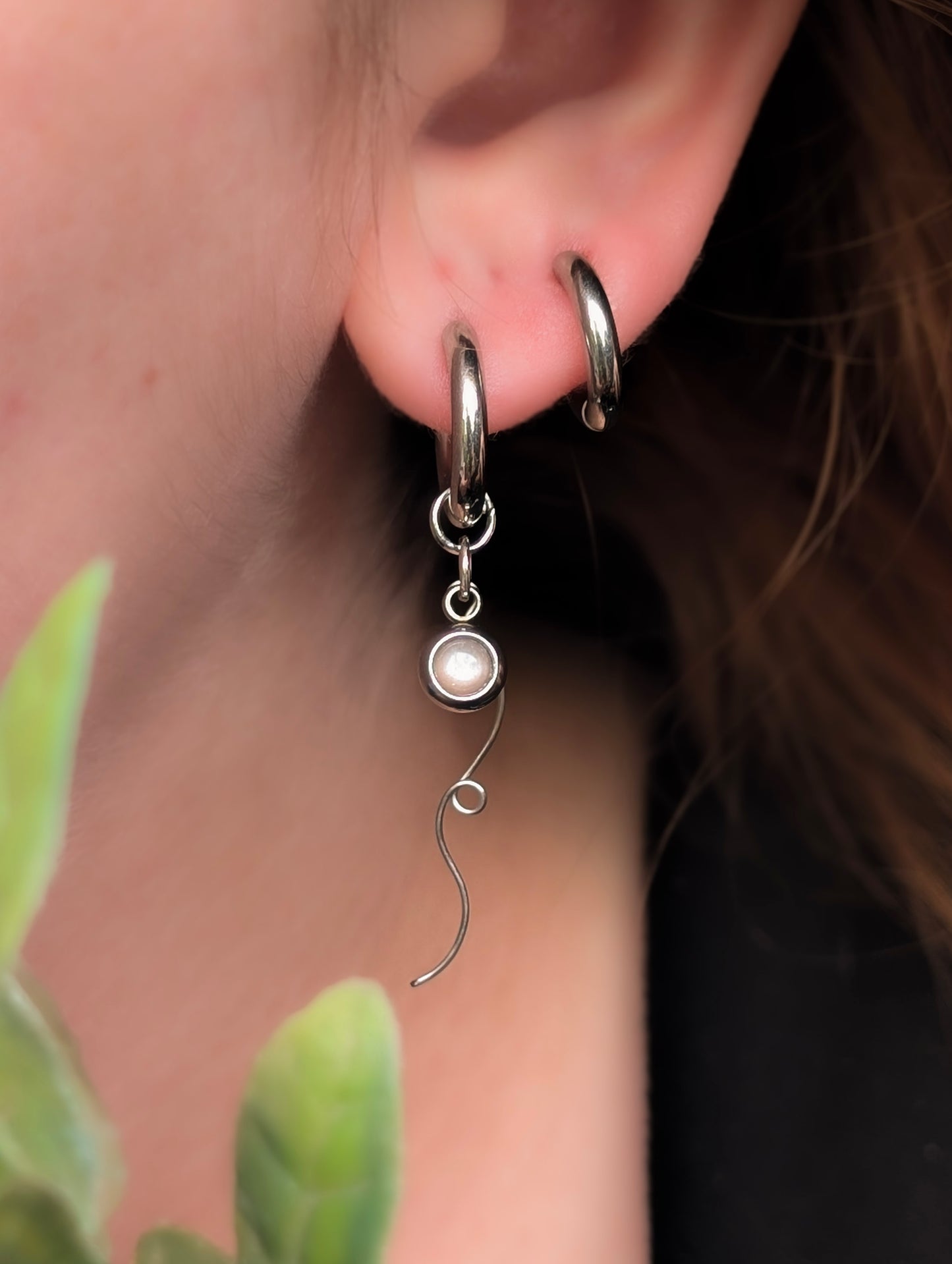 Pink Moonstone |  Stainless Steel Chunky Hoop Earrings