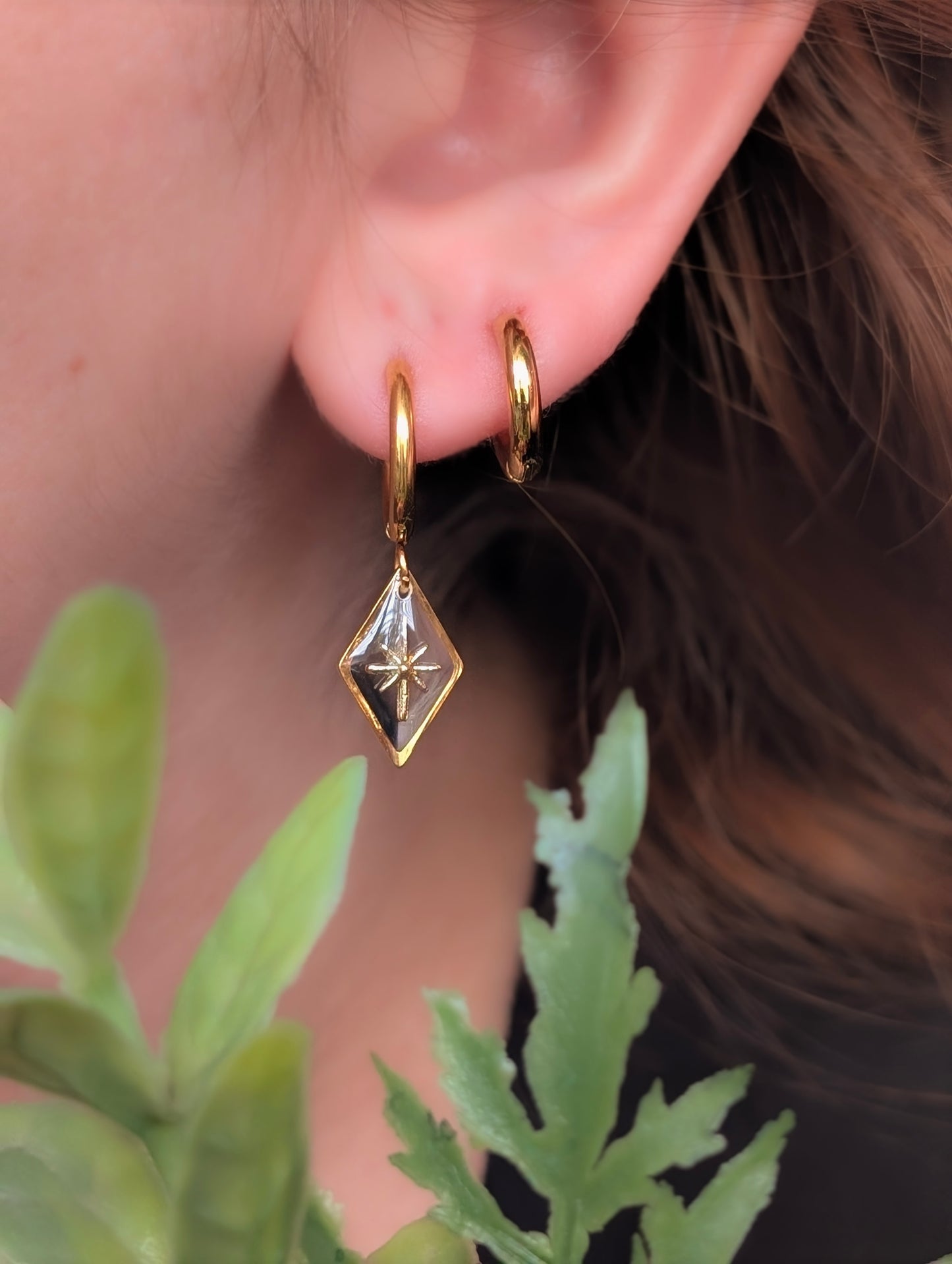 Gold Diamond Star Hoop Earrings