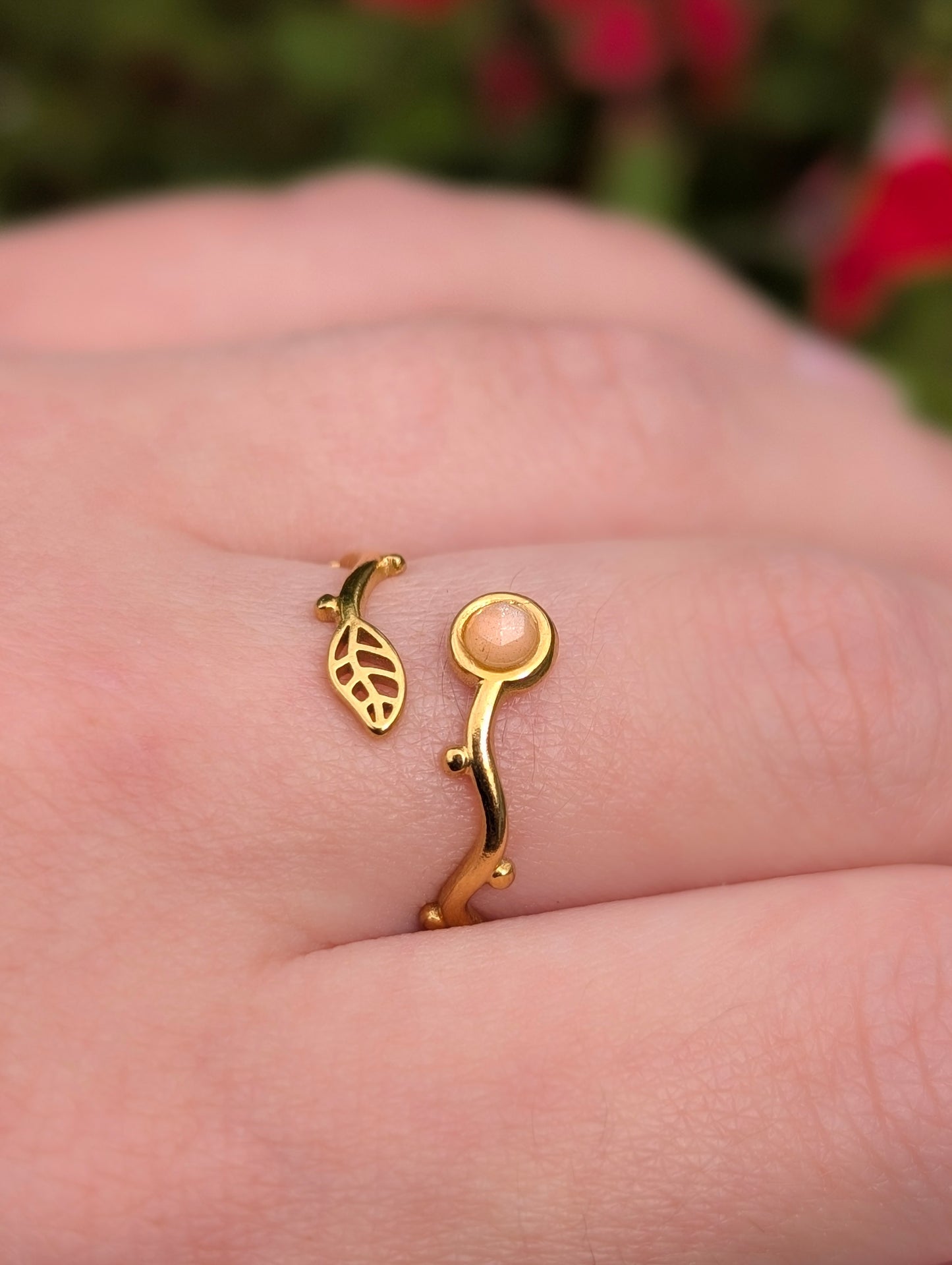 Floral Pink Moonstone | Adjustable Ring Gold Plated Stainless Steel