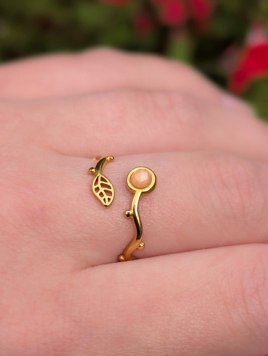 Floral Pink Moonstone | Adjustable Ring Gold Plated Stainless Steel