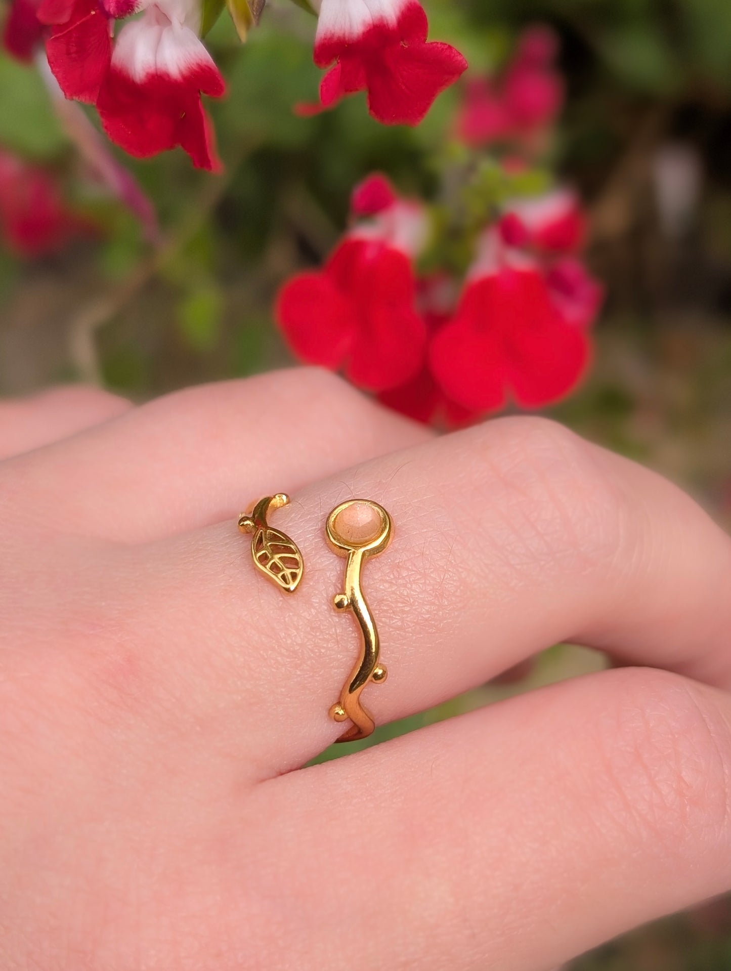 Floral Pink Moonstone | Adjustable Ring Gold Plated Stainless Steel