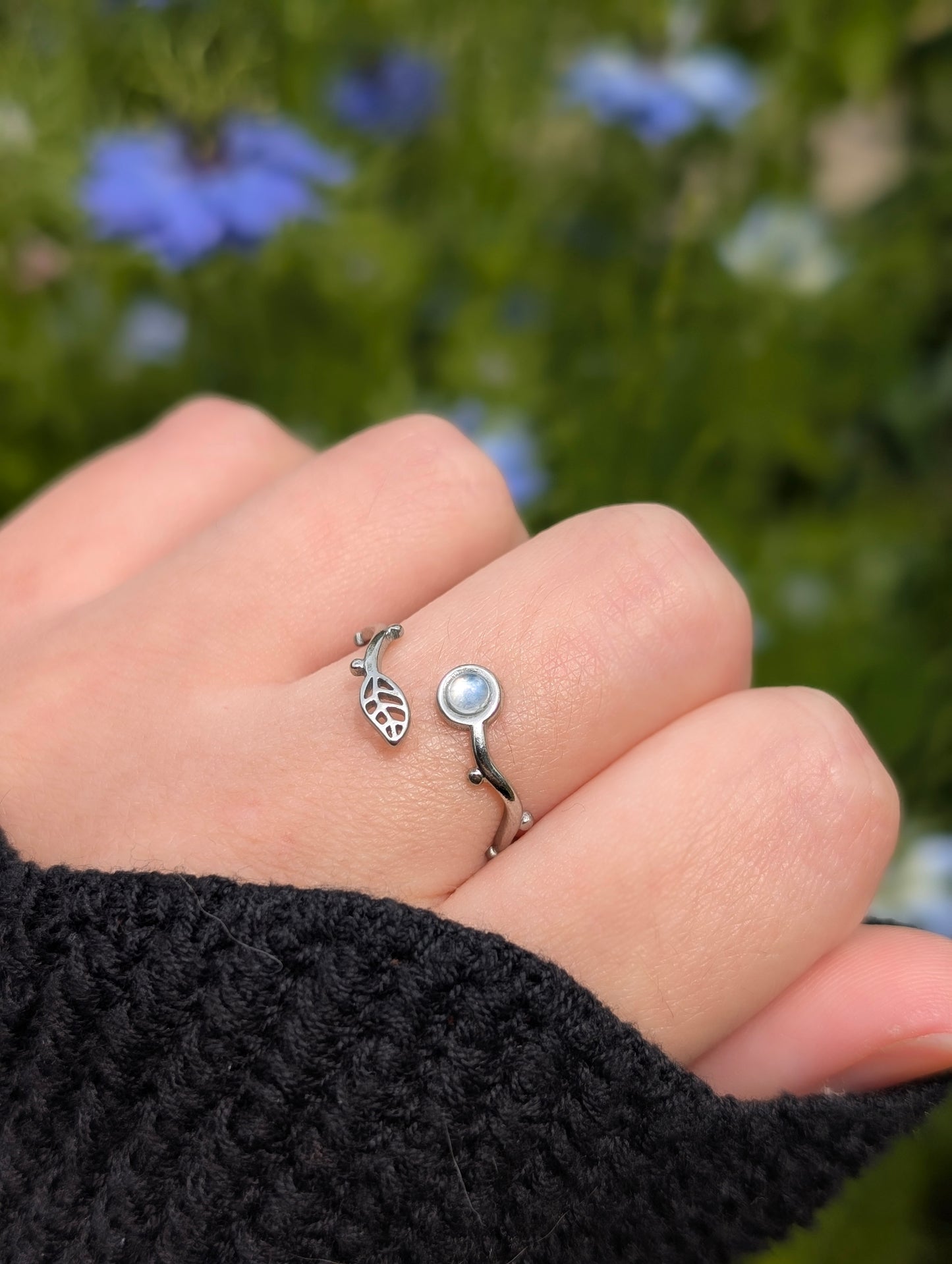 Floral Rainbow Moonstone | Adjustable Ring Stainless Steel