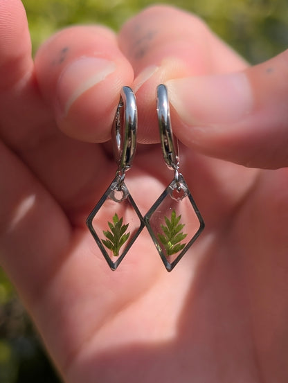 Silver Diamond Fern Hoop Earrings