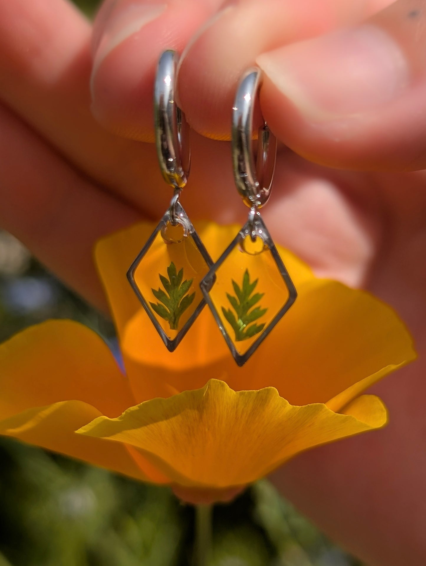 Silver Diamond Fern Hoop Earrings