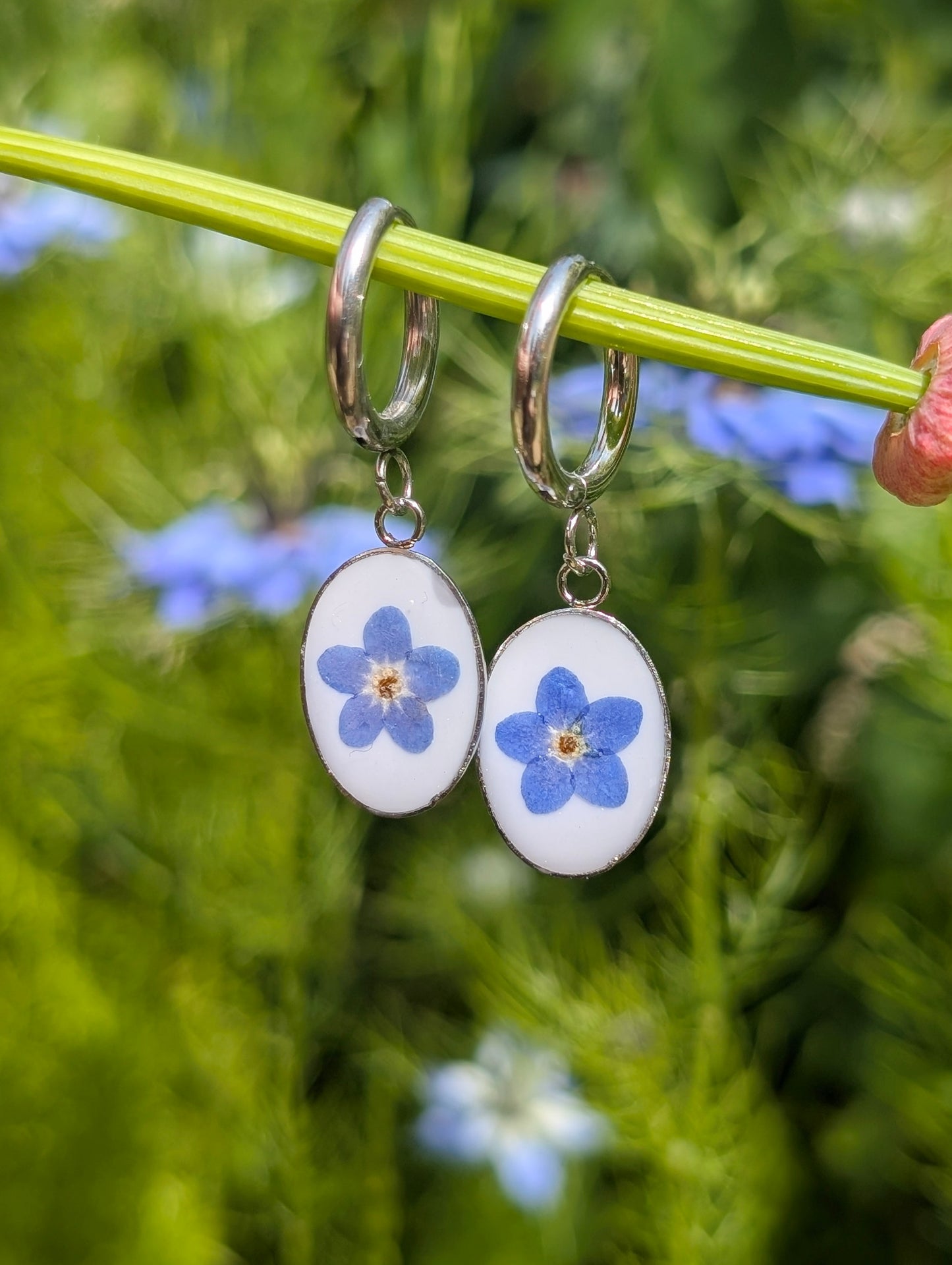 Oval Forget Me Not | Stainless Steel Hoop Earrings