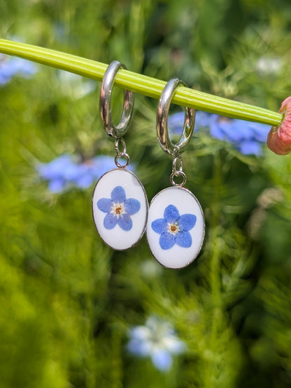 Oval Forget Me Not | Stainless Steel Hoop Earrings