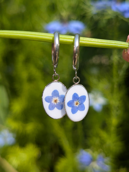 Oval Forget Me Not | Stainless Steel Hoop Earrings
